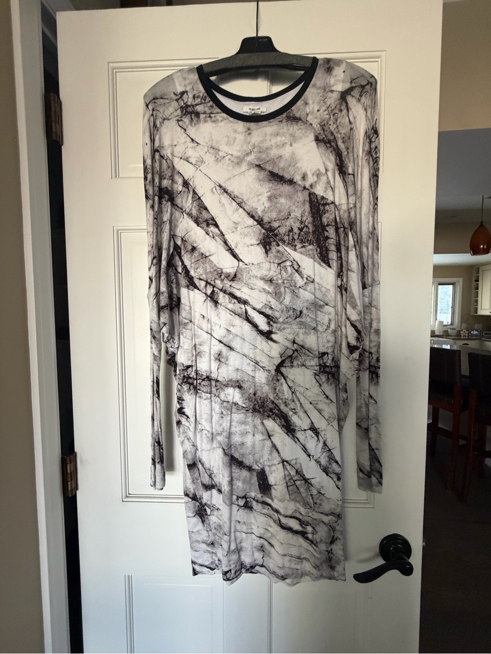 Helmut Lang Black & White Marble-Print Long Sleeve Dress